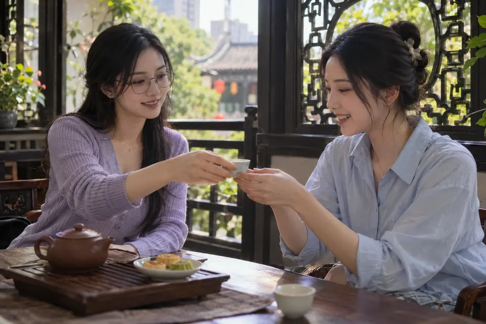 花窗前茶点与茶杯，茶友围坐交流